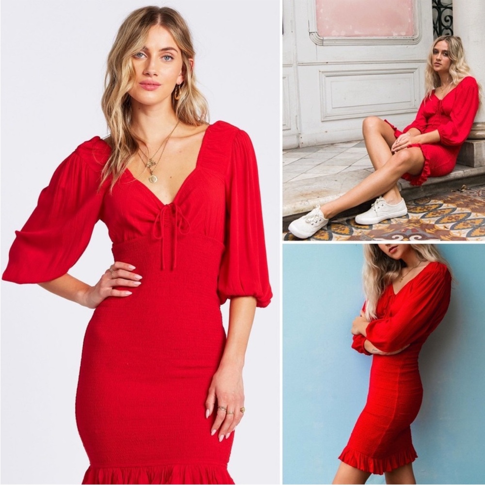 NWT Billabong Amalfi Nights Red Long Sleeve Ruched Midi Dress Size M